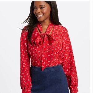 Draper James Floral Tie Neck Blouse Red Size M